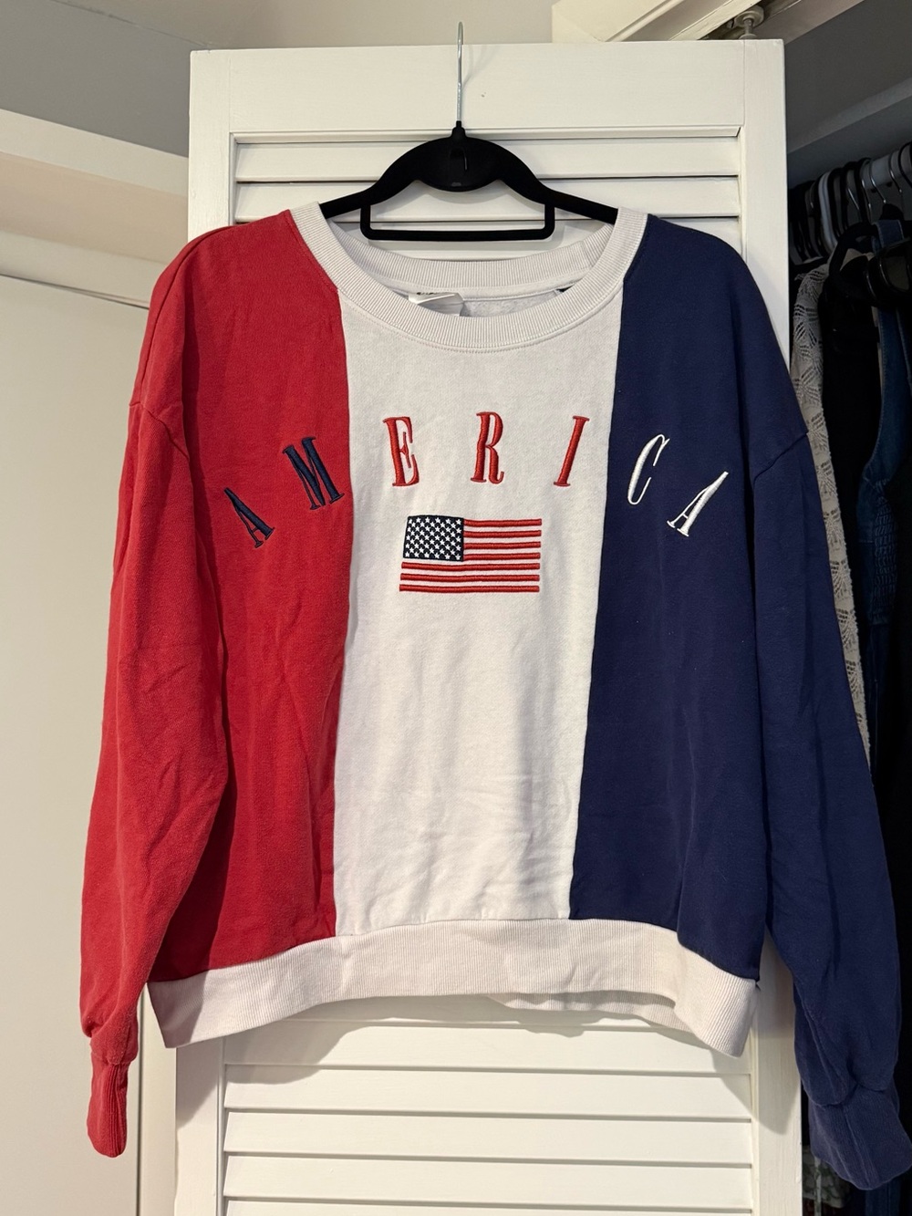 Red White and Blue 'America' Flag Colorblock Sweater